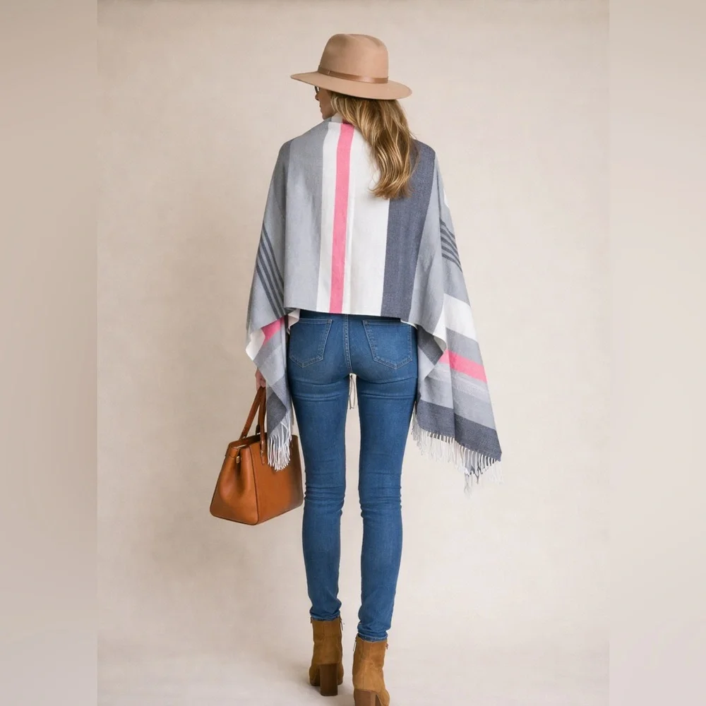 NEW | GAP Striped Scarf Wrap Blanket Fringe Pink White Gray Blue
